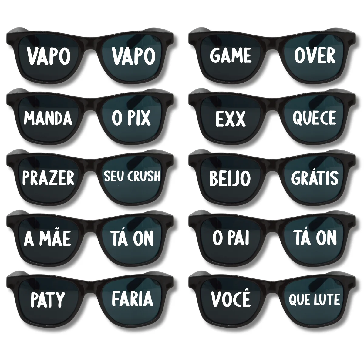 Kit 10 Óculos Escuro JOMA Clássico Preto Frases Festa