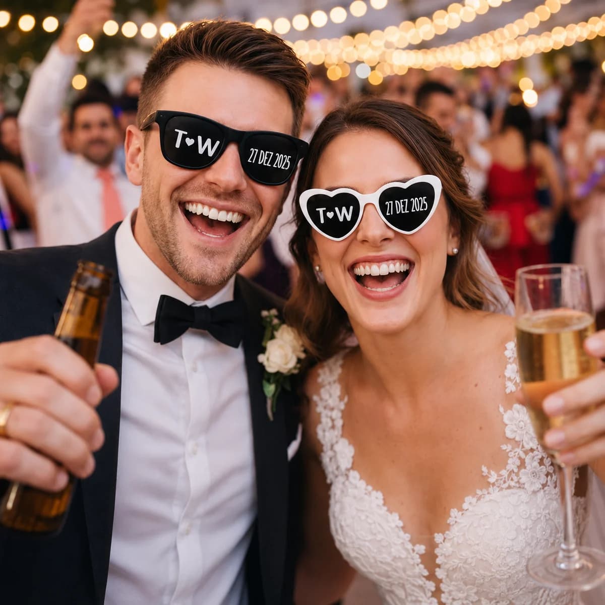 Casal usando óculos personalizados JOMA na festa